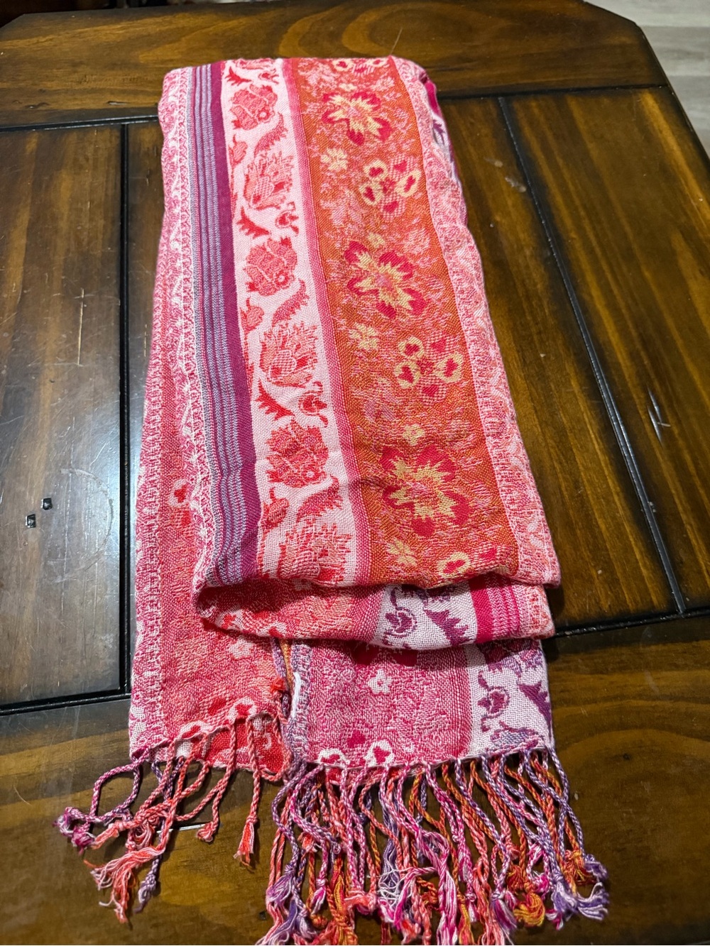 Floral Stripe Pink & Orange Woven Fringe Scarf